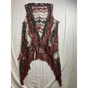 SAY WHAT? Crochet Fringe Cardigan Womens L Boho Hippie Festival Knit Cottagecore